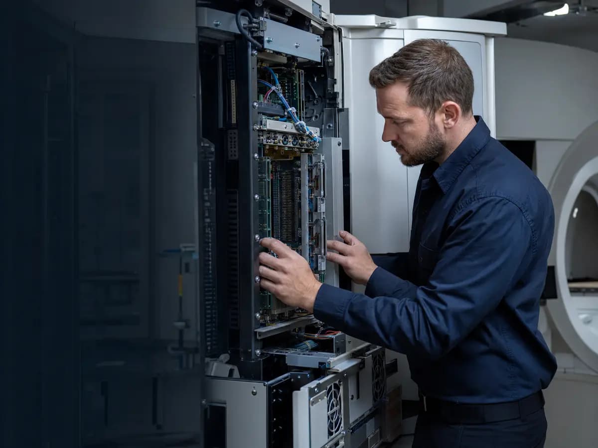 Tecnico specializzato al lavoro sul vano elettronico di un'apparecchiatura diagnostica, tra rack, moduli e cablaggi.