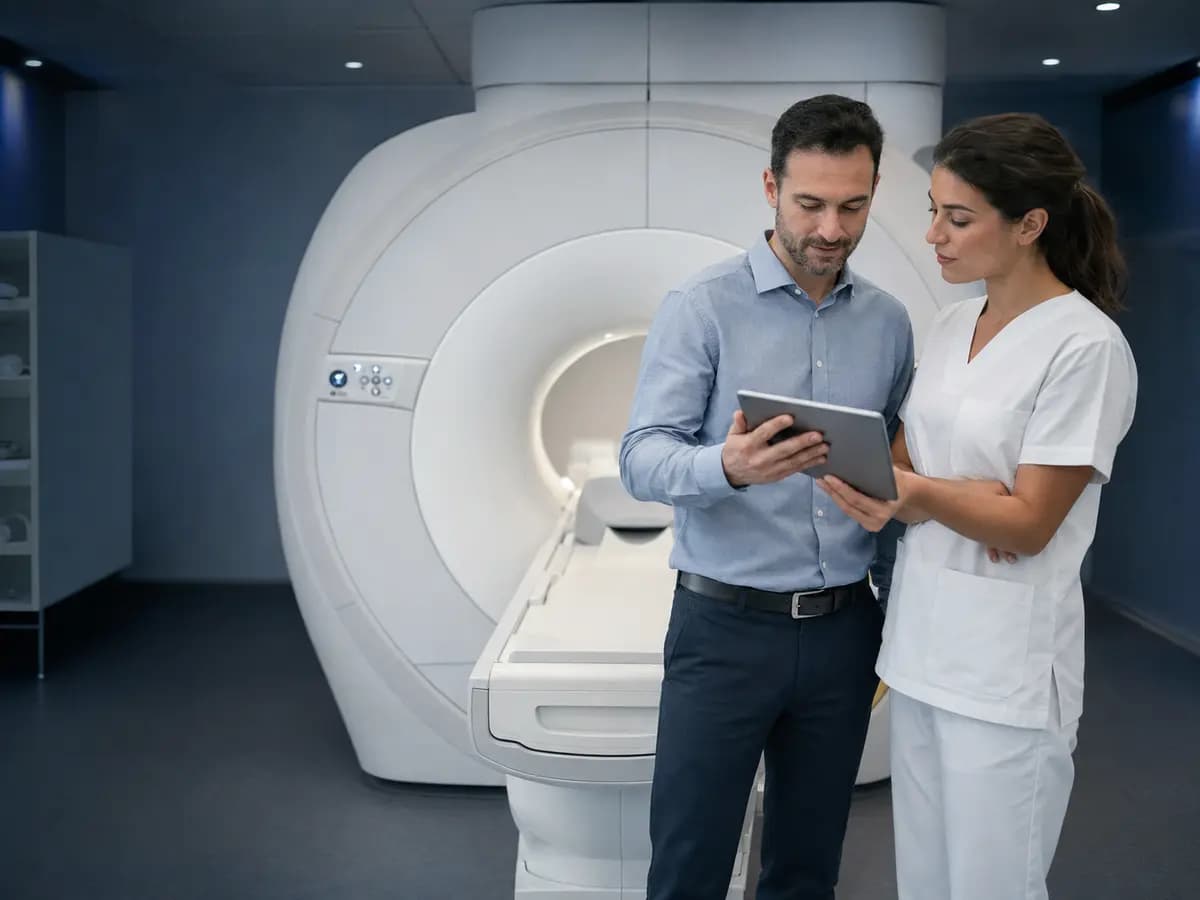 Consulente tecnico e professionista sanitario esaminano dati su un tablet davanti a un sistema di risonanza magnetica.