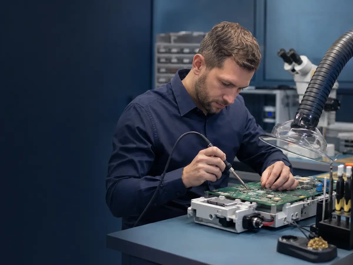 Tecnico al banco di laboratorio mentre salda una scheda elettronica, con l'aspiratore di fumi in funzione.
