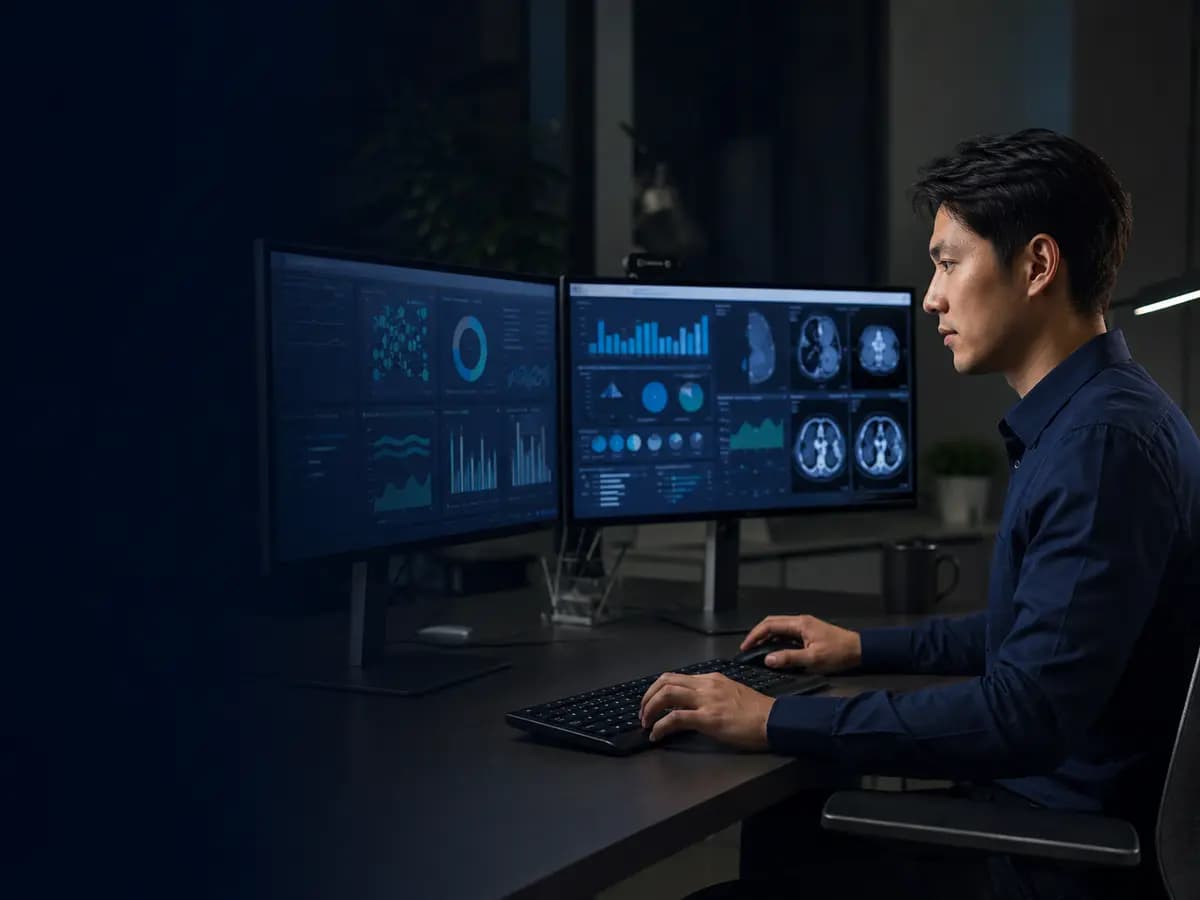 Professionista davanti a una dashboard software per la gestione tecnica della diagnostica per immagini.
