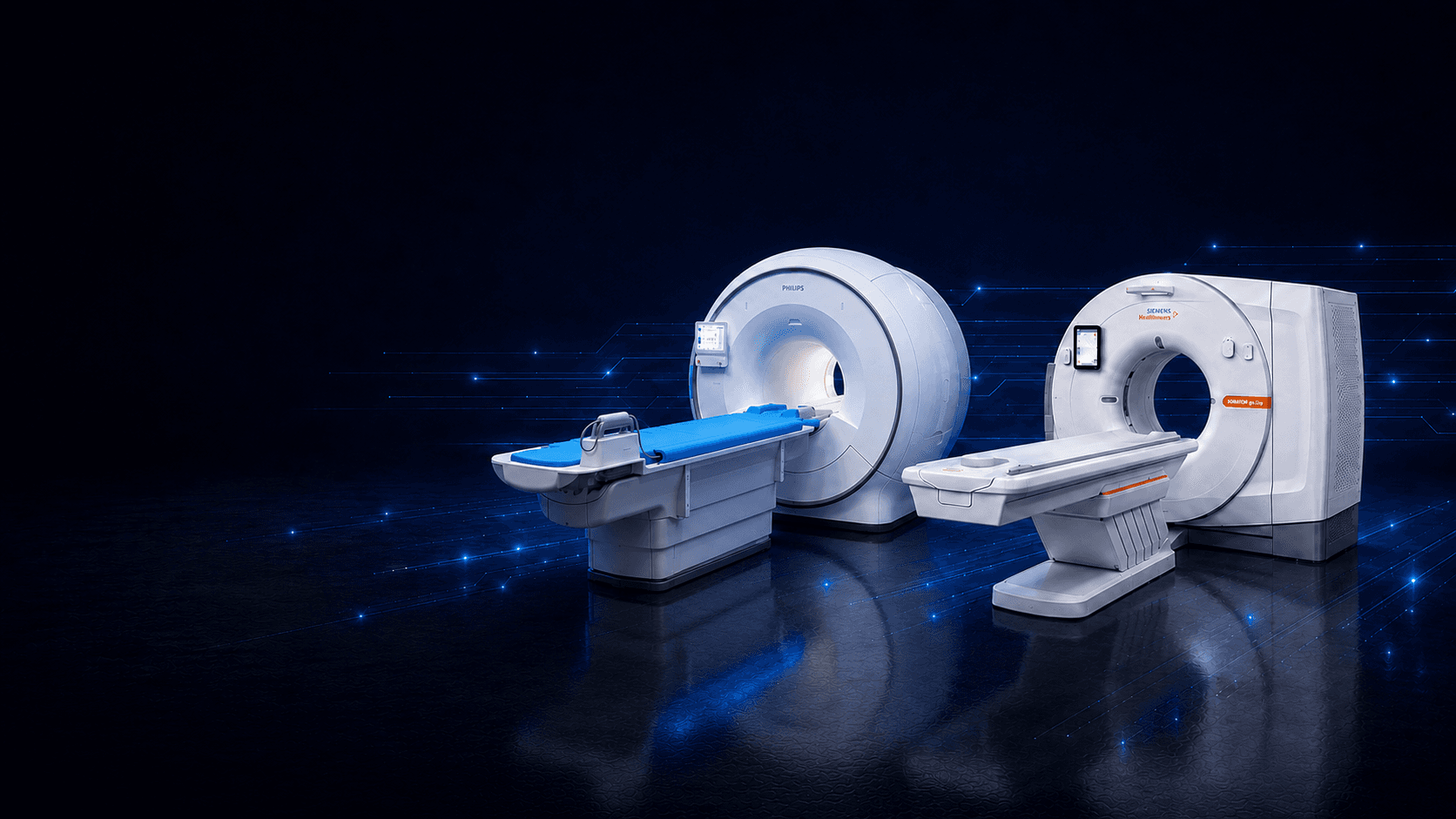 Sistema di risonanza magnetica a sinistra e tomografo computerizzato a destra in una sala di diagnostica per immagini.