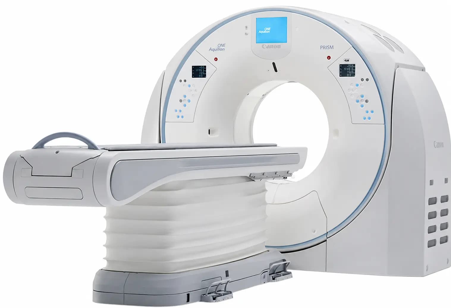 Tomografo computerizzato visto lateralmente, con il lettino porta-paziente in posizione estesa.