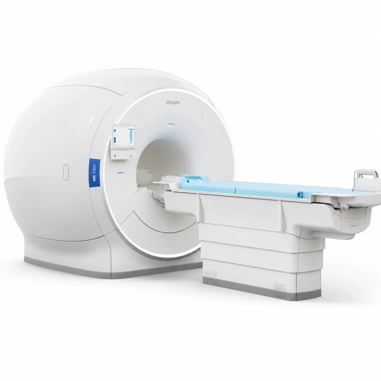 Sistema di risonanza magnetica con magnete cilindrico e tavolo porta-paziente.
