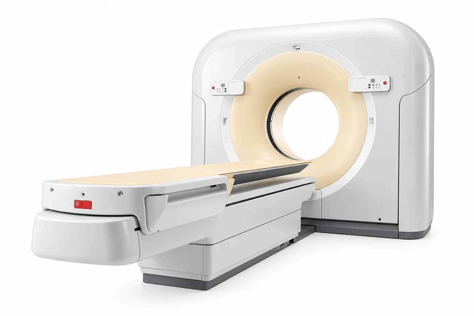 Tomografo computerizzato con gantry arrotondato e lettino porta-paziente, visto di tre quarti.