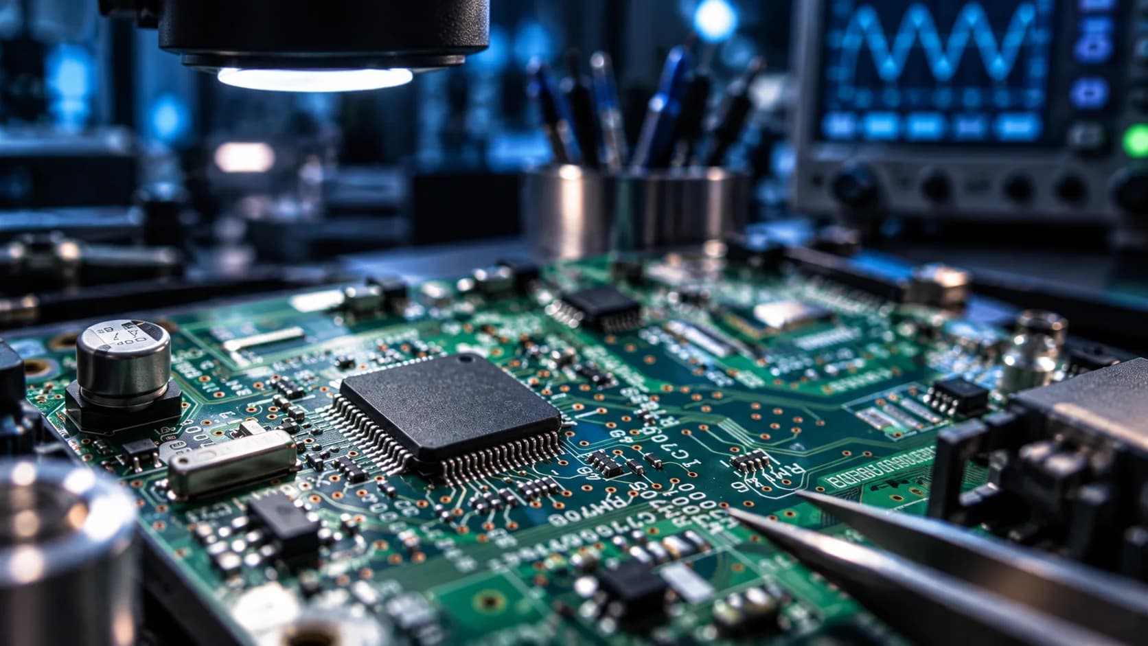 Circuito stampato con microcontrollore sotto la lampada di ispezione di un laboratorio elettronico.