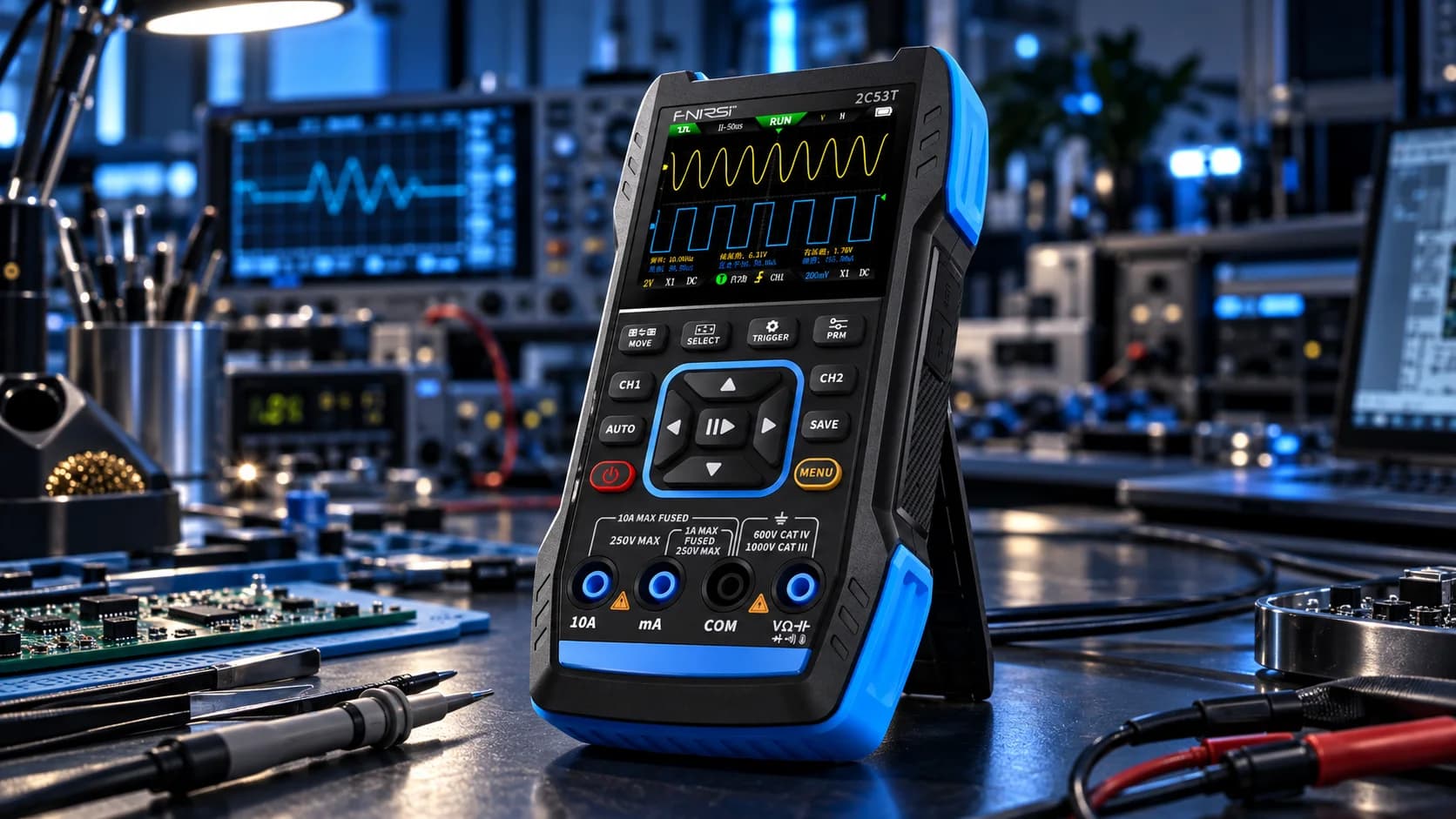 Oscilloscopio portatile su banco di laboratorio elettronico, con forme d'onda sullo schermo e puntali di misura in primo piano.